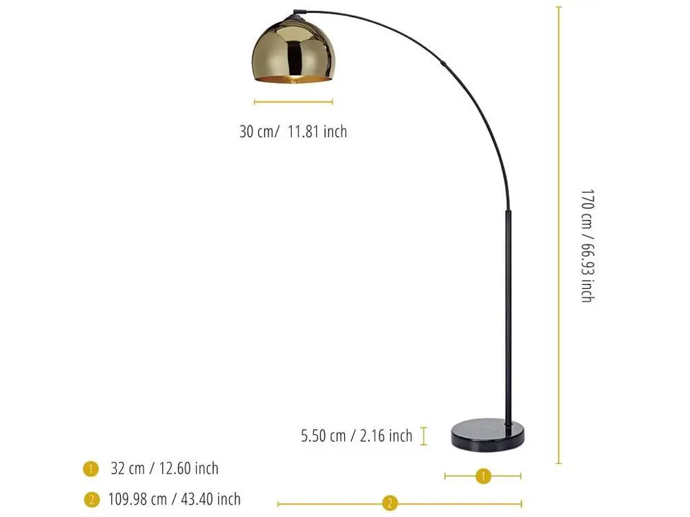 Lampadaire Arquer arc lampe de salon abat-jour doré pied marbre noir | Dimmable | Haute luminosité