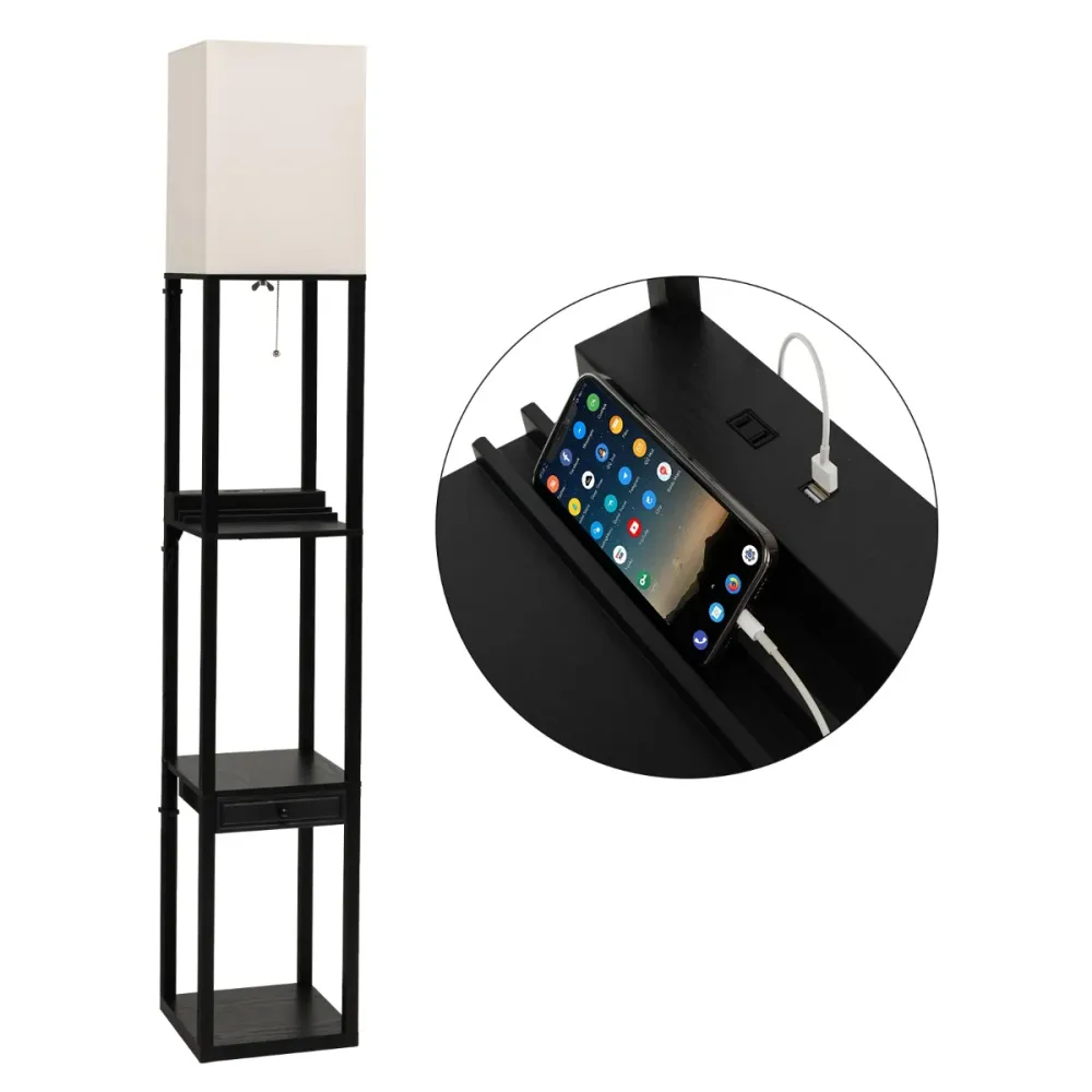Lampe à poser Lampadaire salon sur pied avec ampoule led 5000k luminosité à 3 niveaux 1 tiroir et 1 port usb 3 etagères 25...