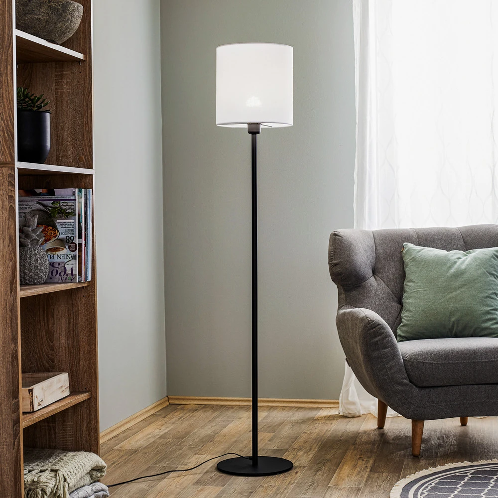 Lampe à poser Lampadaire tissu Harris pied noir, abat-jour blanc