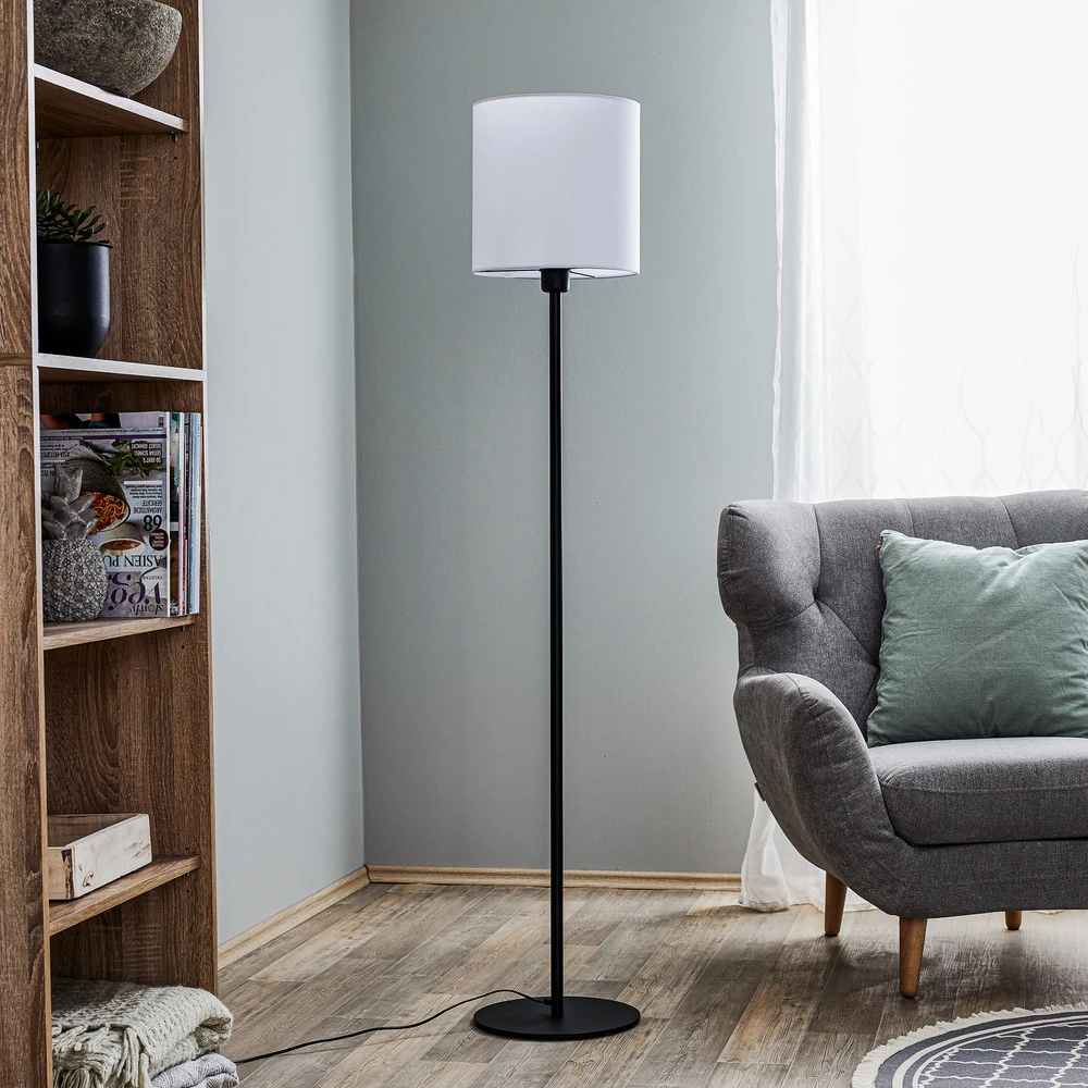 Lampe à poser Lampadaire tissu Harris pied noir, abat-jour blanc