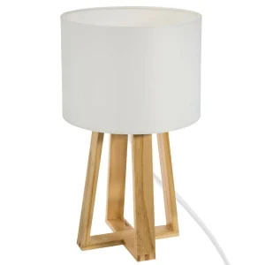 Lampe à poser pied en bois et abat-jour blanc h 34.5 cm avec câble textile