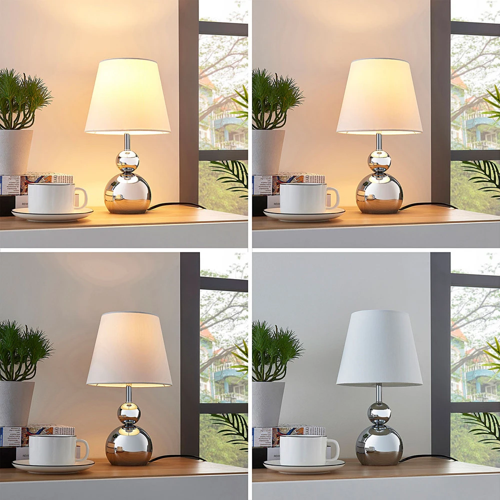 Lampe à poser en tissu blanc Andor, pied chromé | Dimmable | Haute luminosité