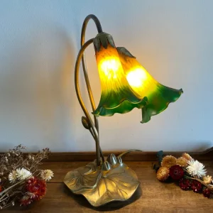 Lampe sur pied abat jour en verre orange et vert en papier artisanal