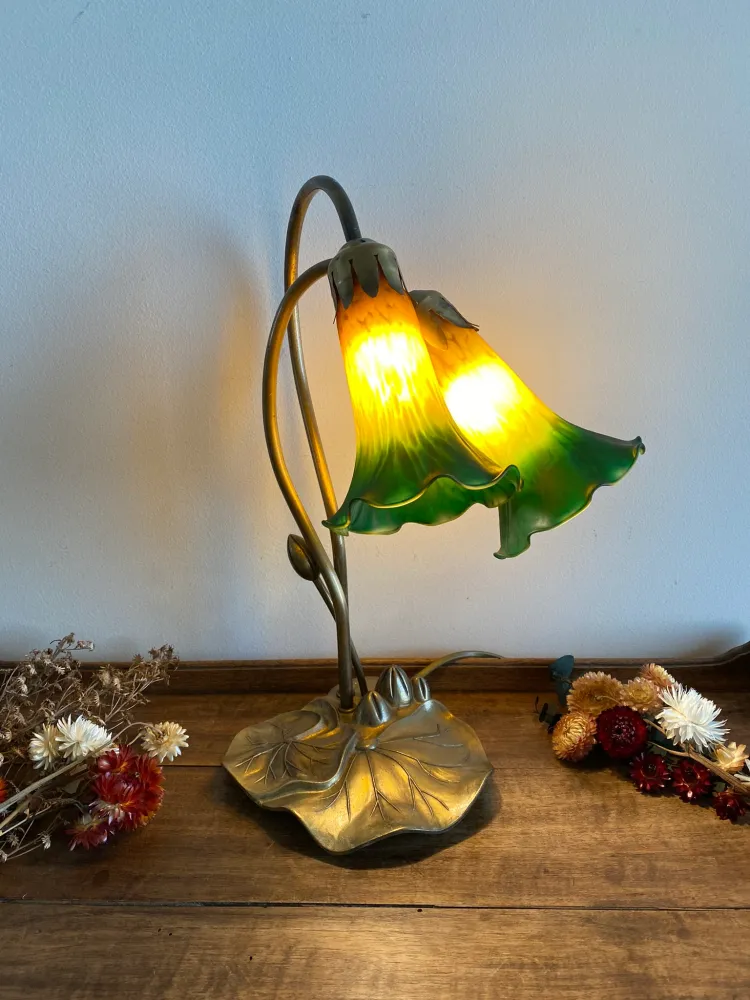 Lampe sur pied abat jour en verre orange et vert - Certifié CE
