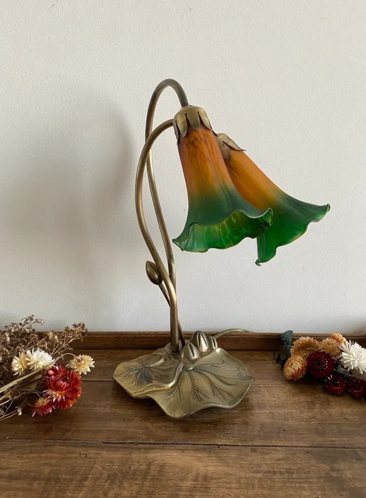 Lampe sur pied abat jour en verre orange et vert - Certifié CE