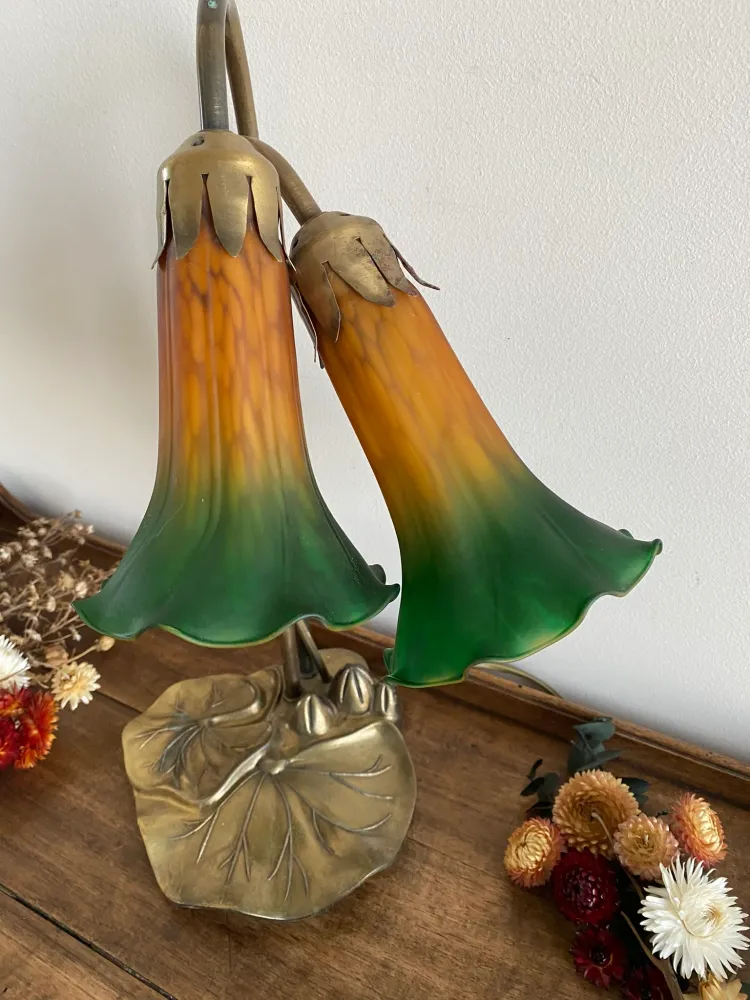 Lampe sur pied abat jour en verre orange et vert - Certifié CE