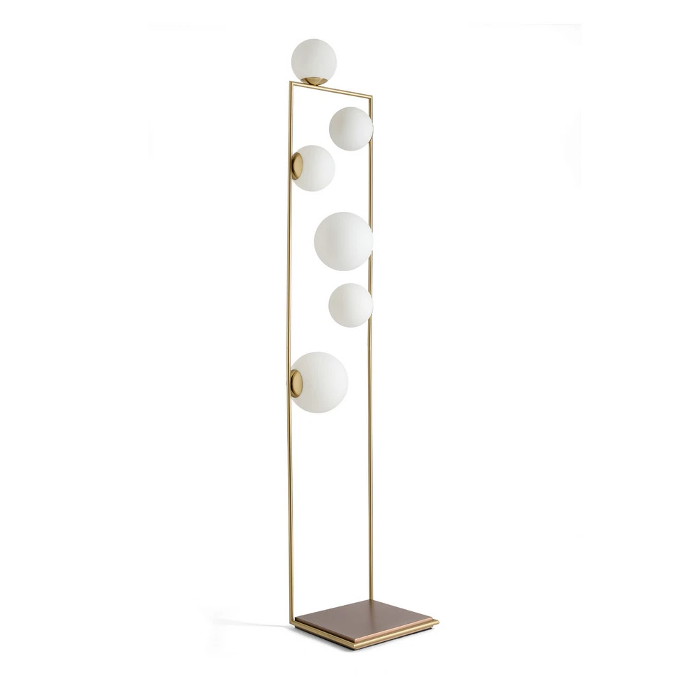 Lampe sur pied Buble, or, six abat-jour en verre opalin pour éclairage d'ambiance