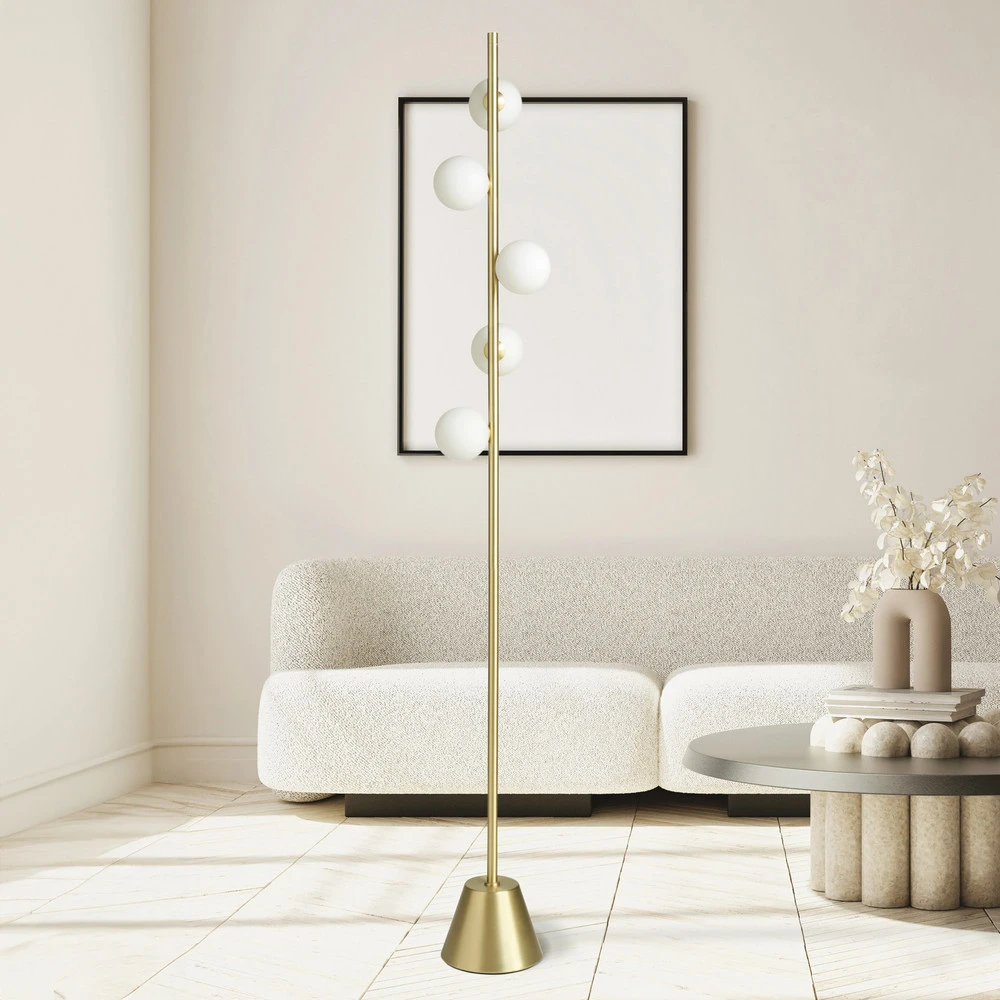 Lampe sur pied Pomi, 5 lampes, or/blanc, verre, hauteur 170 cm avec Abat-Jour Inclus