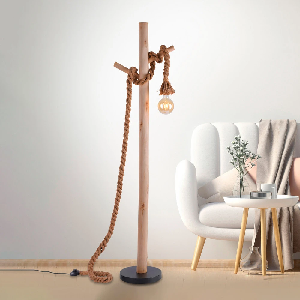 Lampe sur pied Rope avec corde et bois, à 1 lampe avec câble textile