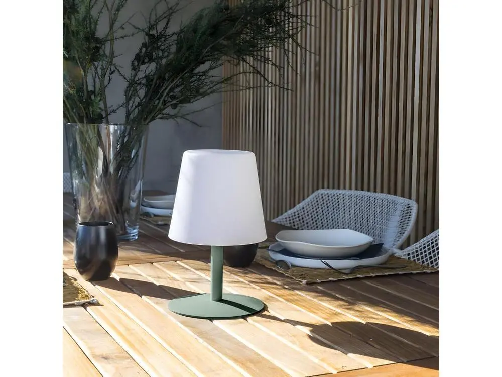 Lampe de table sans fil pied en acier vert olive LED blanc chaud/blanc dimmable STANDY RÉDUIT Olive H25cm