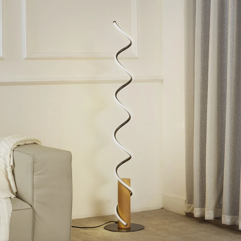 Lindby lampe sur pied LED Spiraali, gris, bois, hauteur 133 cm avec douille E27