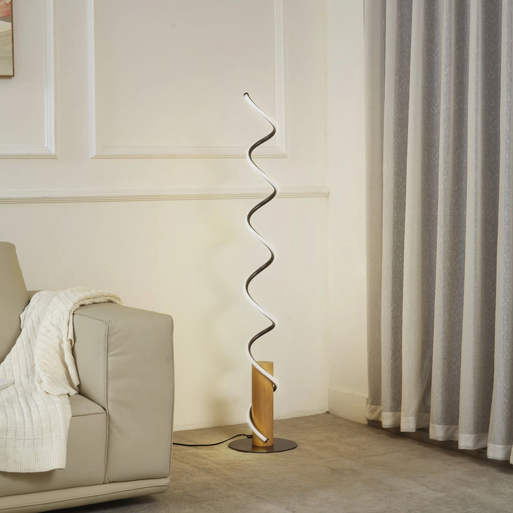 Lindby lampe sur pied LED Spiraali, gris, bois, hauteur 133 cm avec douille E27