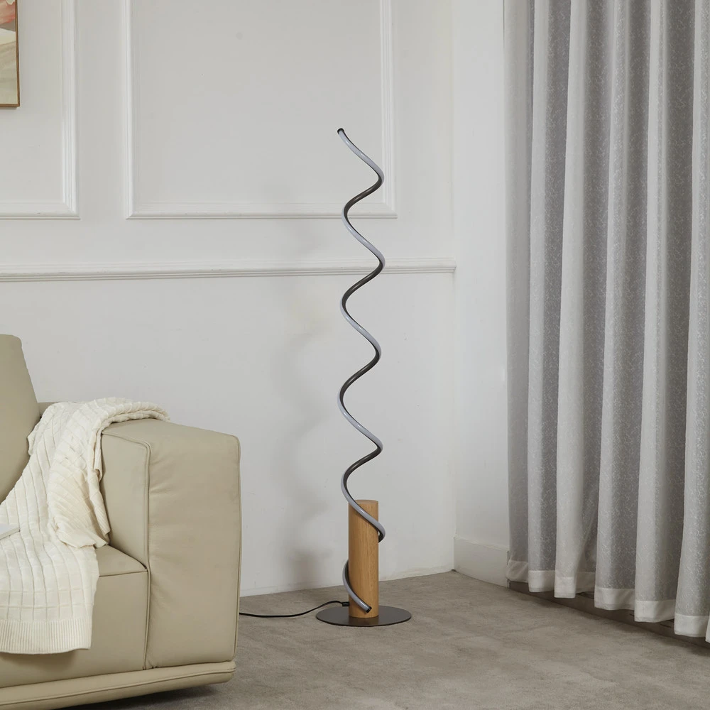 Lindby lampe sur pied LED Spiraali, gris, bois, hauteur 133 cm avec douille E27