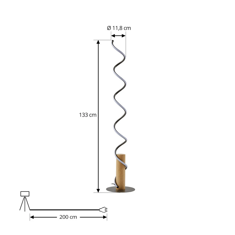 Lindby lampe sur pied LED Spiraali, gris, bois, hauteur 133 cm avec douille E27