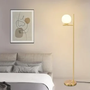 NETTLIFE Lampadaire doré industriel avec interrupteur au pied, design métallique en verre blanc, lampe sur pied E27 nostal...
