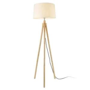 Socle en bois massif Lampadaire lampe à pied avec abat-jour bois métal tissu effet bois et blanc 153 cm 03_0002432