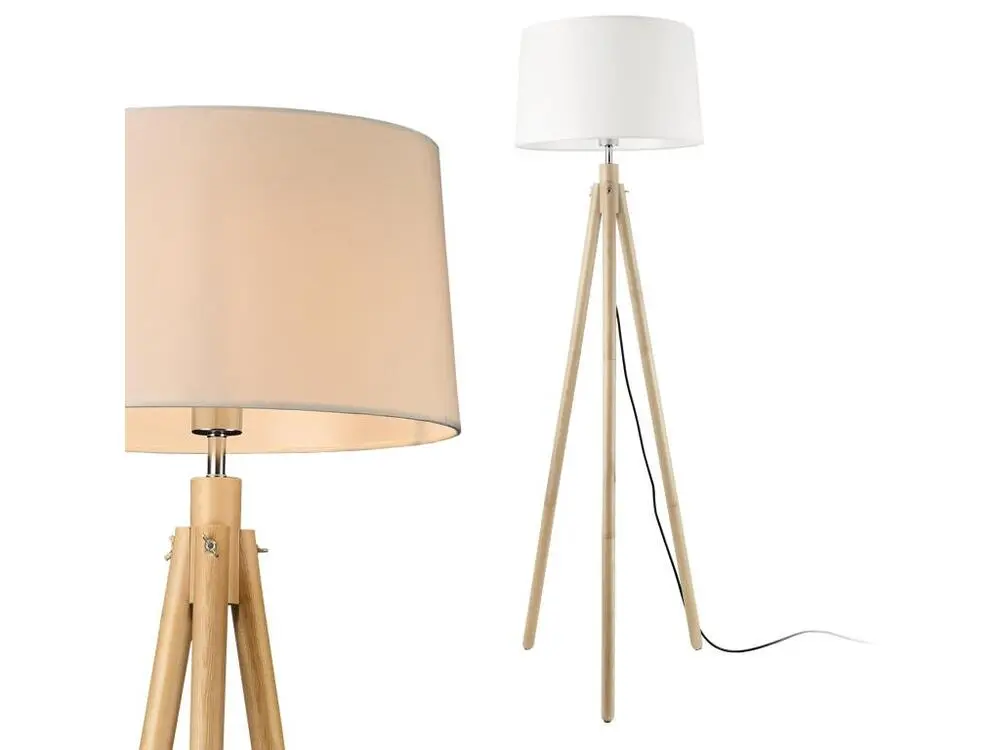 Socle en bois massif Lampadaire lampe à pied avec abat-jour bois métal tissu effet bois et blanc 153 cm 03_0002432