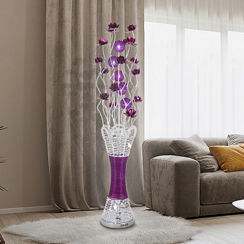 Socle en bois massif Lampadaire LED à colonne étroit Bloom, décoration artistique, éclairage sur pied en aluminium violet,...
