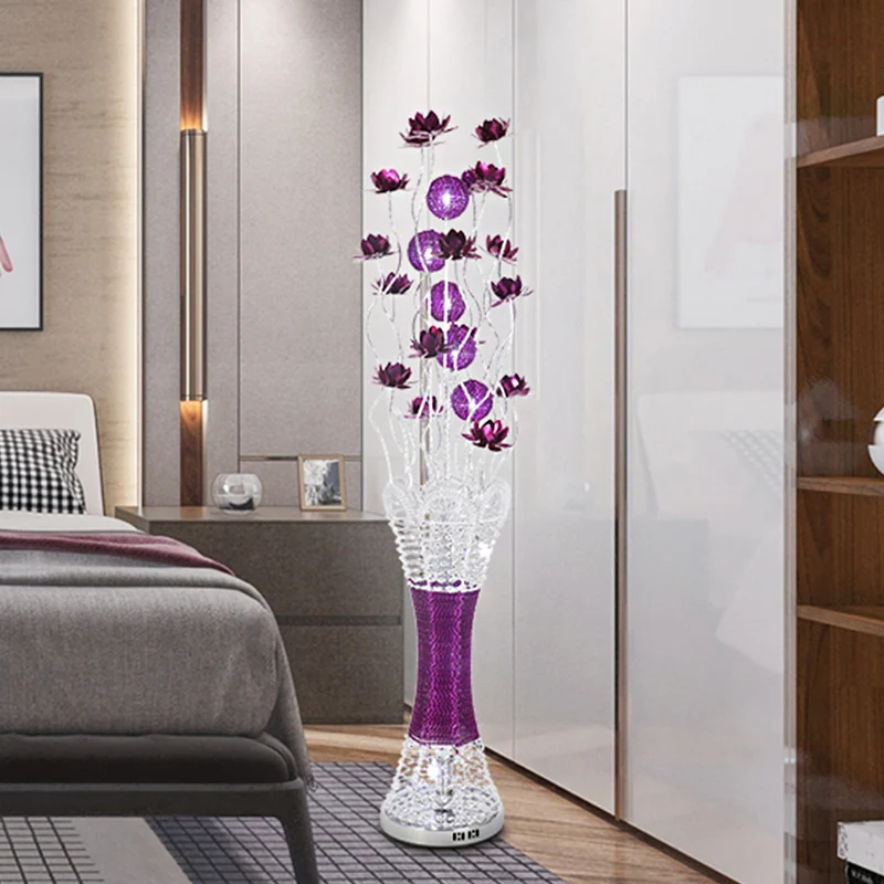 Socle en bois massif Lampadaire LED à colonne étroit Bloom, décoration artistique, éclairage sur pied en aluminium violet,...