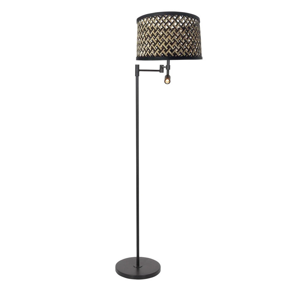 Socle en bois massif Lampe sur pied Stang, liseuse LED, tressage noir/naturel