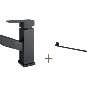 Auralummax Robinet Mitigeur Lavabo avec Douchette Extractible,Noir, Hauteur 187mm+Porte-Serviettes de Salle Bain,Auto-adhé...