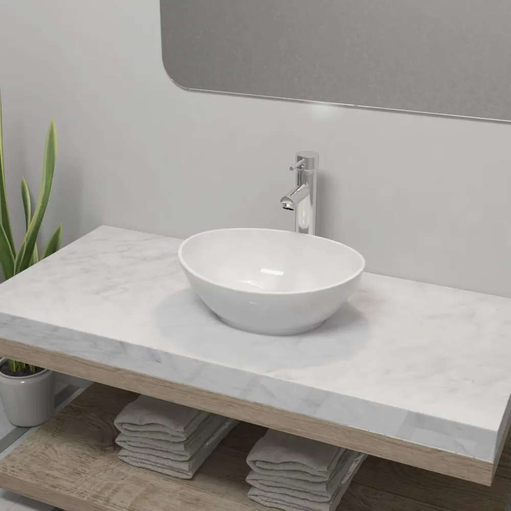 Certifié NF Sanitaire Lavabo de salle de bain avec mitigeur Céramique Ovale Blanc