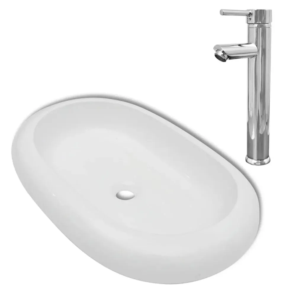 Lavabo de salle de bain 63 x 42 cm avec mitigeur céramique ovale blanc 02_0002842