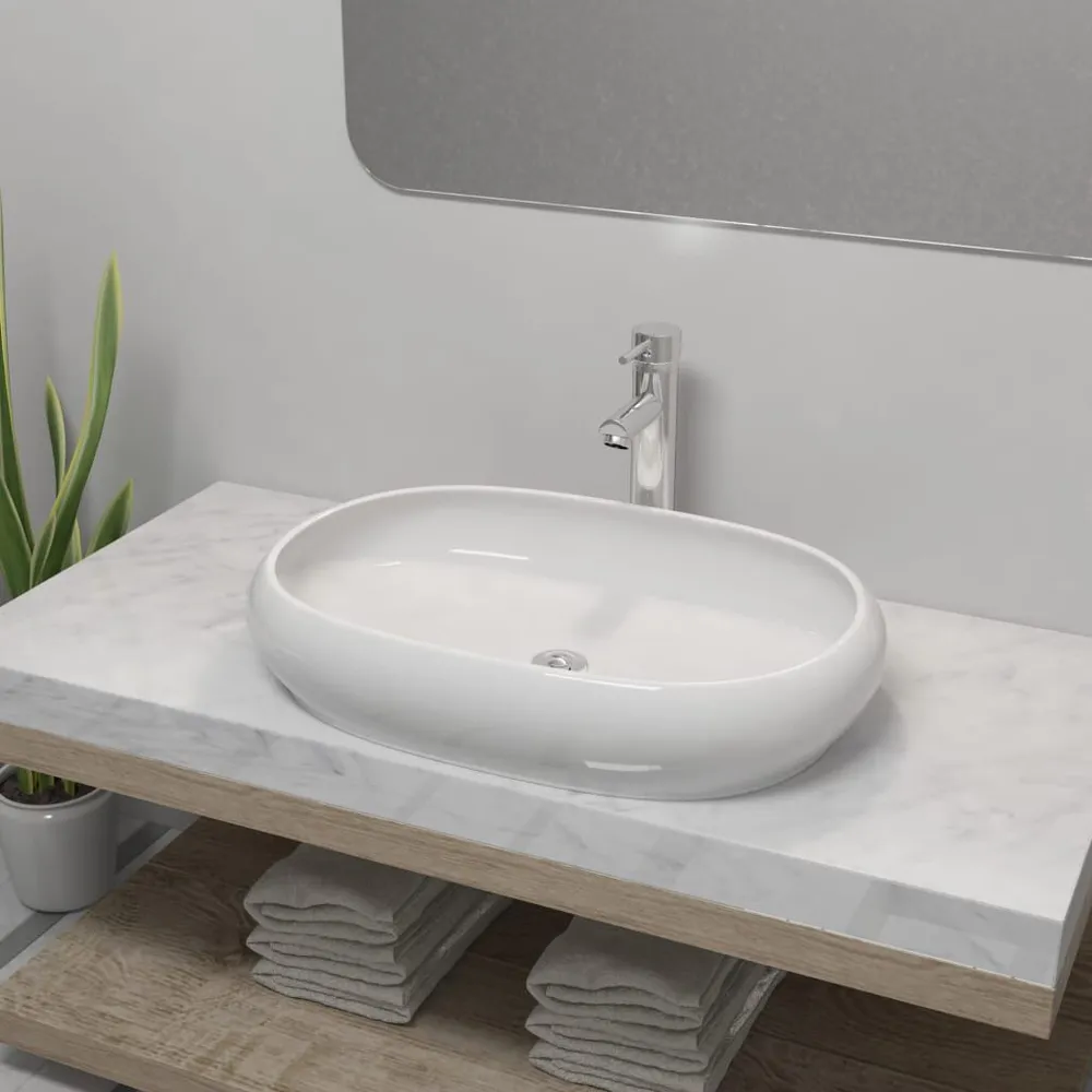 Lavabo de salle de bain avec mitigeur Céramique Ovale Blanc avec Douchette Économique