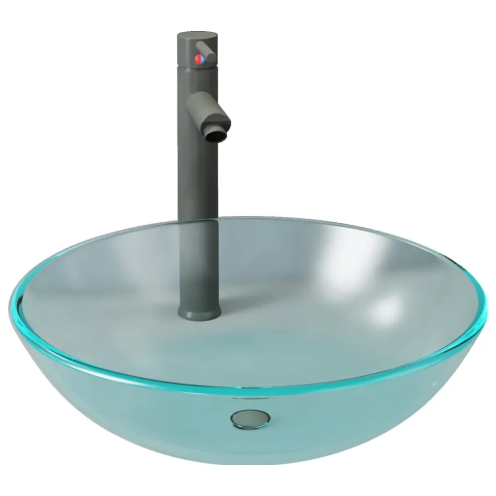Lavabo salle de bain diamètre 42 cm avec robinet et drain à poussoir verre trempé 02_0002852