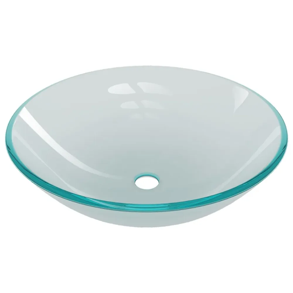 Lavabo salle de bain diamètre 42 cm avec robinet et drain à poussoir verre trempé 02_0002852