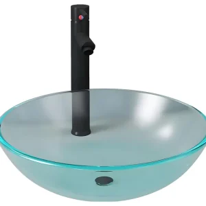 Lavabo vasque salle de bain diamètre 42 cm avec robinet et drain à poussoir verre trempé 02_0002850