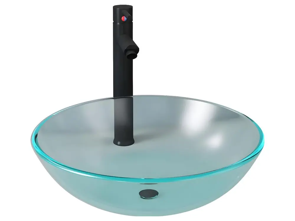 Lavabo vasque salle de bain diamètre 42 cm avec robinet et drain à poussoir verre trempé 02_0002850
