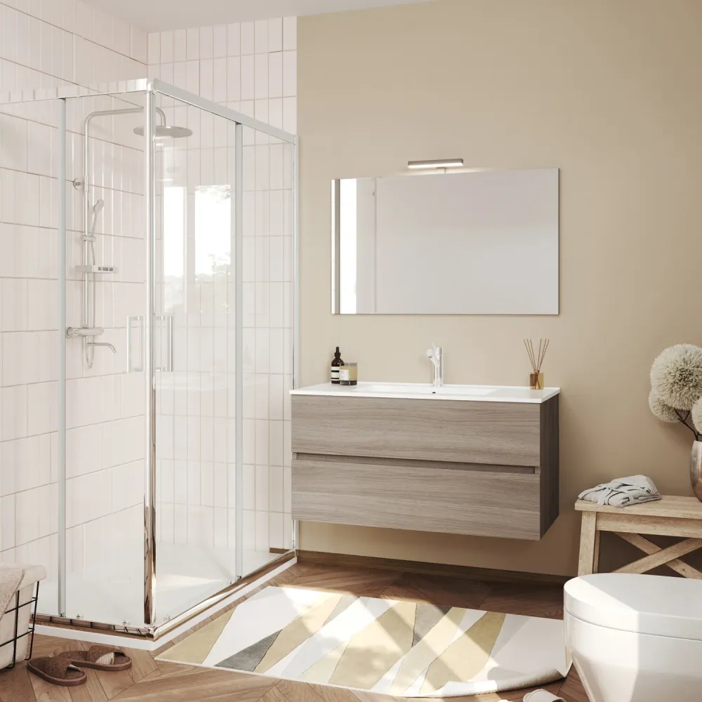 Meuble de salle de bain mobile avec lavabo et miroir Cubi&Co Symmetry Sobre 4 - Chêne Fumé Installation Rapide