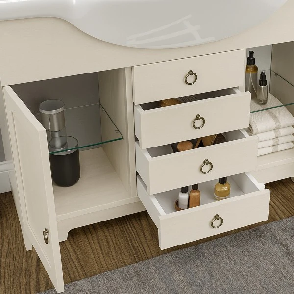 Meuble de salle de bain au sol avec miroir et lavabo intégré Cubi&Co modèle Sagittario - Blanc Décapé