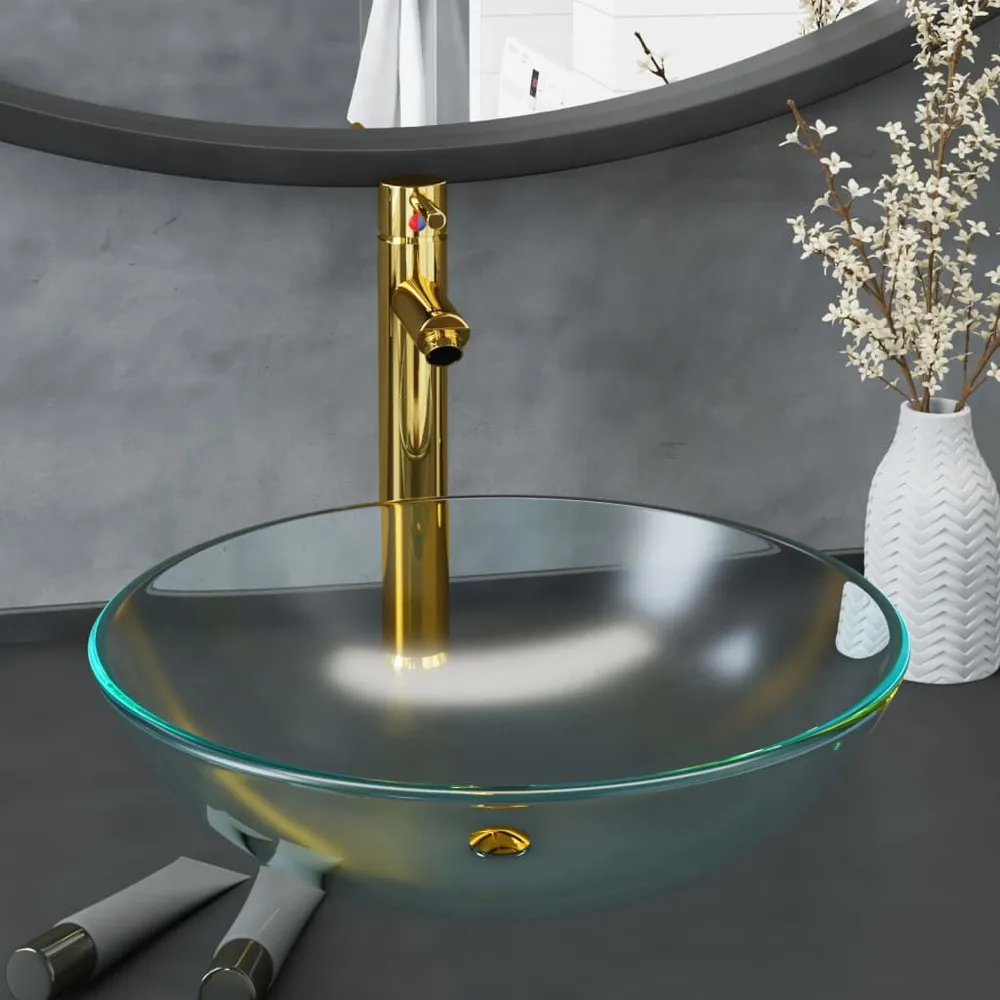 Mitigeur mural Lavabo de bain avec robinet et drain à poussoir Verre trempé