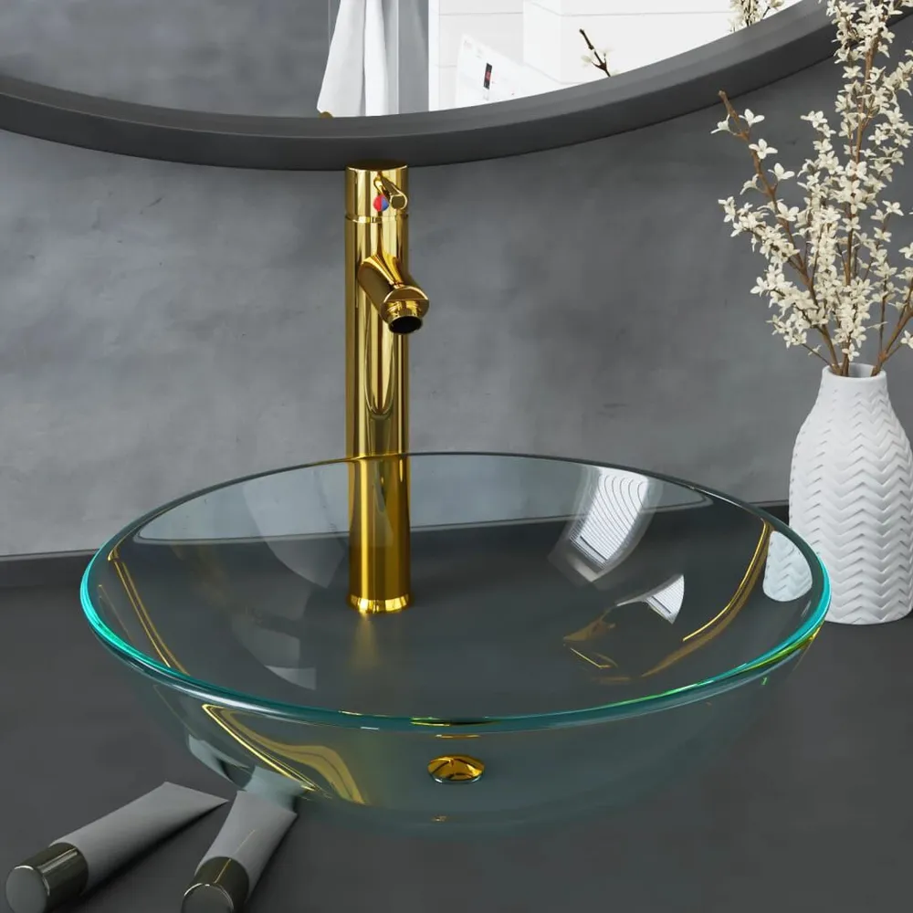 Robinet à détection Lavabo de bain avec robinet et drain à poussoir Verre trempé