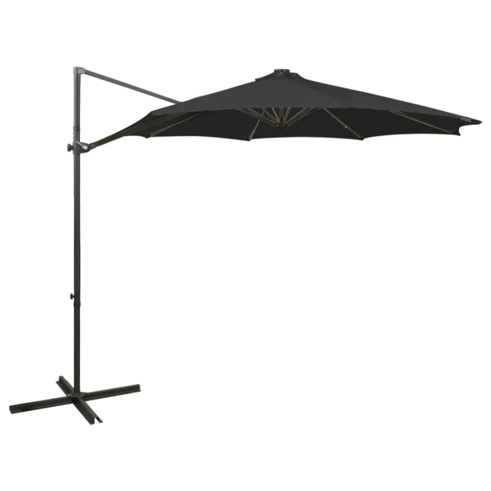 Parasol de jardin en porte-à-faux et mât et lumières LED noir compatible avec système solaire