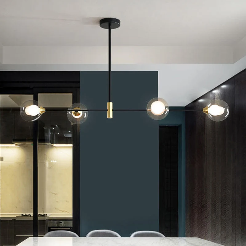 Lampe à sel Plafonnier suspendu en métal noir, minimalisme moderne, éclairage sphérique en verre, luminaire décoratif de p...