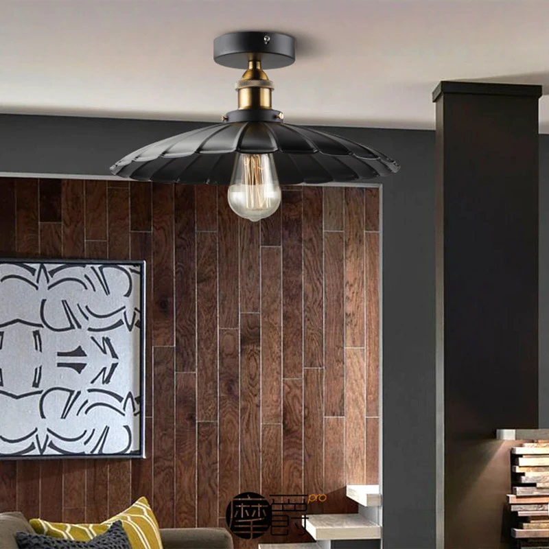 Plafonnier semi-encastré à ombrage noir, luminaire de cuisine rétro en métal à 1 lumière