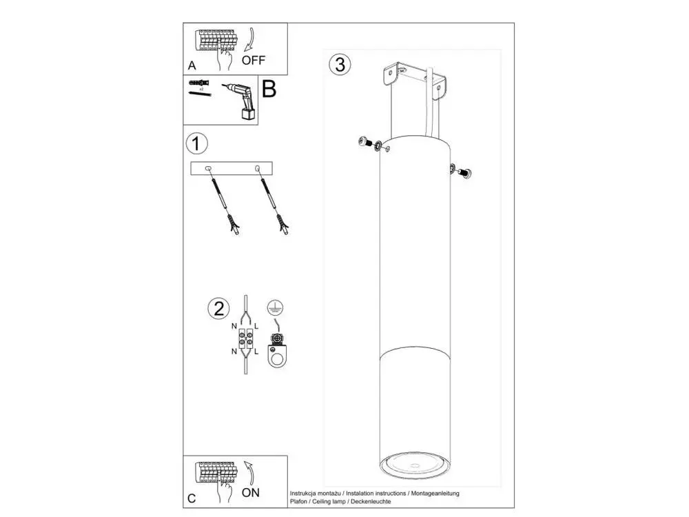 Plafonnier tendance en acier - 1 sources lumineuses - L.6 x H.29 cm - noir, doré Éclairage chaud 2700K