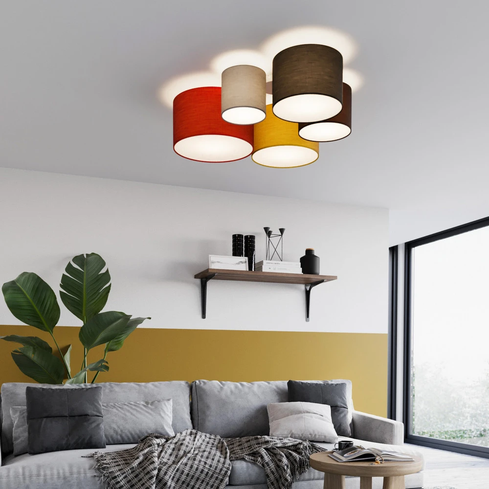 Lindby plafonnier Laurenz, 5 lampes à 93cm, rouge/jaune, textile avec LED intégrée non remplaçable