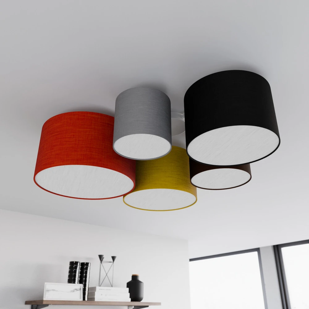 Lindby plafonnier Laurenz, 5 lampes à 93cm, rouge/jaune, textile avec LED intégrée non remplaçable