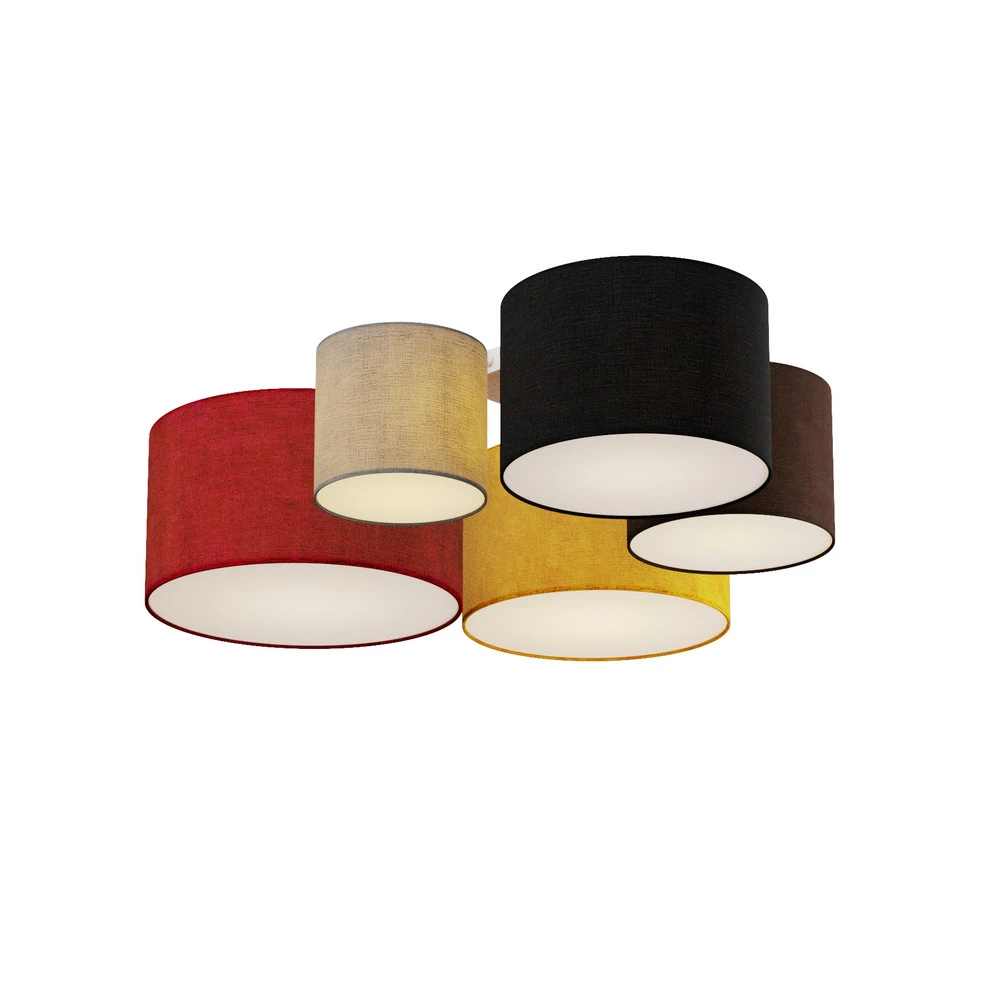 Lindby plafonnier Laurenz, 5 lampes à 93cm, rouge/jaune, textile avec LED intégrée non remplaçable