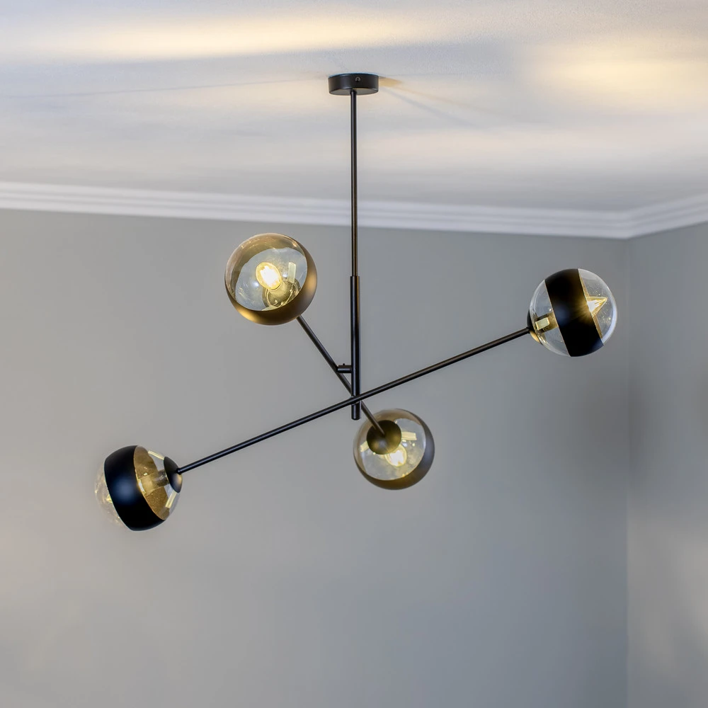 Lustre Cristal Premium Plafonnier Linear, noir/transparent, quatre lampes