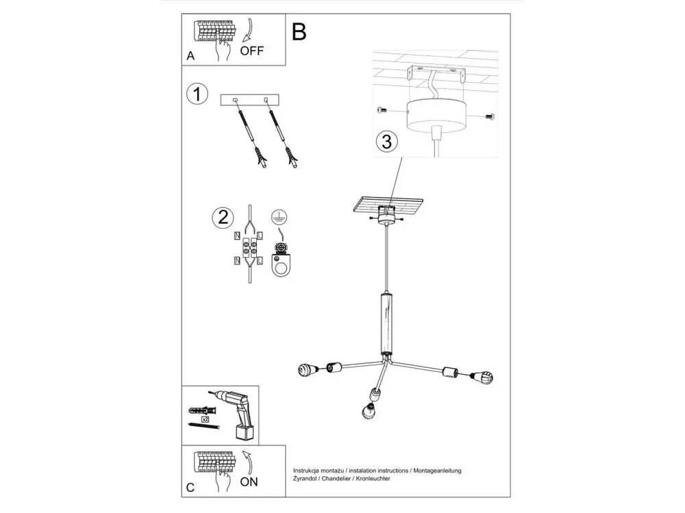 Lustre grenier en acier - 3 sources lumineuses - L.75 x H.100 cm - noir avec LED intégrée non remplaçable