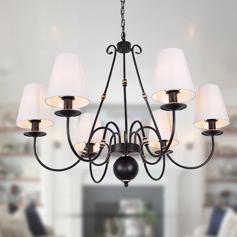 Lustre de plafond à bras tourbillonnant en tissu authentique, 3/4/6 lumières, luminaire suspendu noir avec abat-jour coniq...