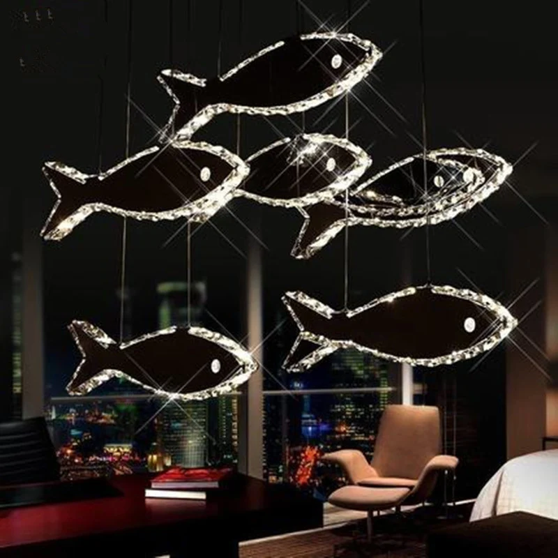 Lustre de plafond en forme de poisson en cristal, luminaire suspendu contemporain à LED chromé en blanc/lumière chaude | G...
