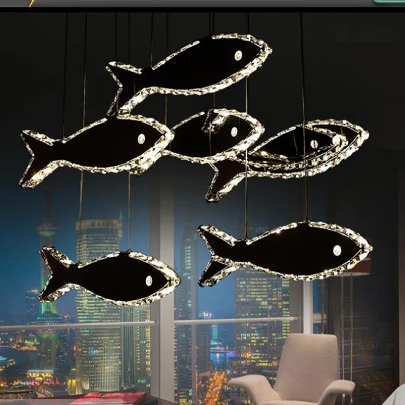 Lustre de plafond en forme de poisson en cristal, luminaire suspendu contemporain à LED chromé en blanc/lumière chaude | G...