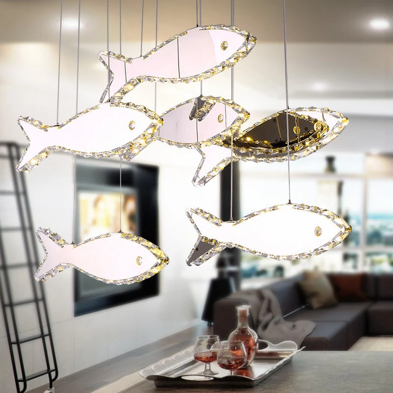 Lustre de plafond en forme de poisson en cristal, luminaire suspendu contemporain à LED chromé en blanc/lumière chaude | G...