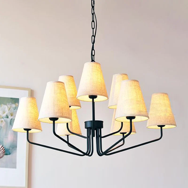 Lustre suspendu conique en tissu, 3/5/6 lumières traditionnelles, luminaire suspendu pour salon, en lin Sans outil d'insta...
